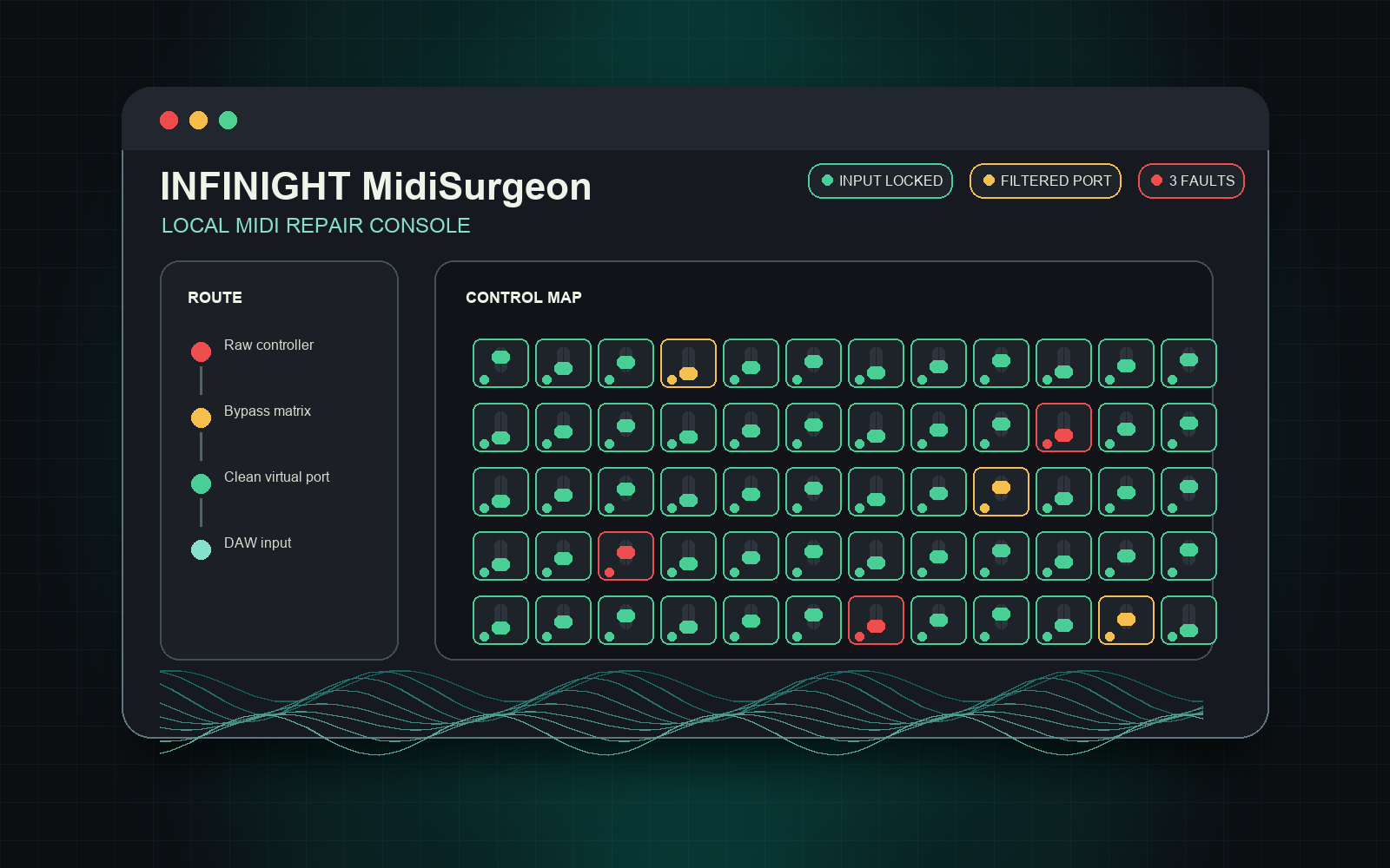 MidiSurgeon diagnostic interface showing MIDI routing and blocked controls